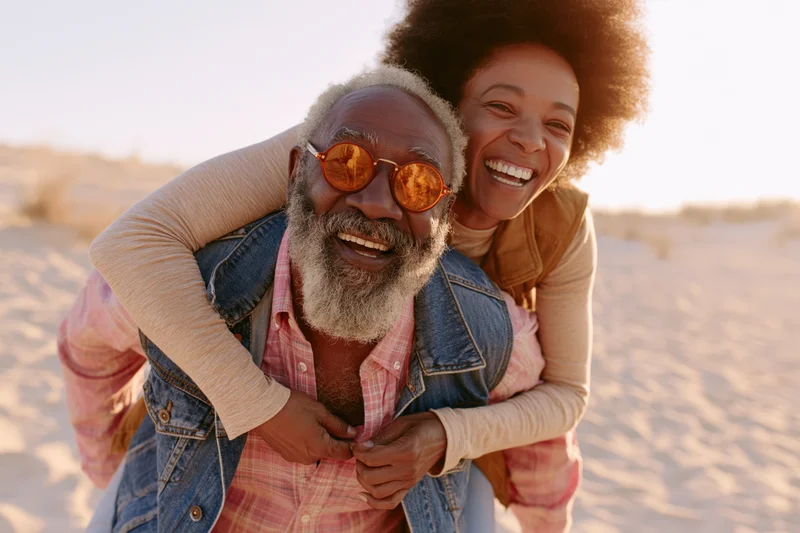 Older interracial couple laughing while piggybacking on a sandy beach at golden hour