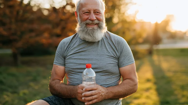 Senior man smiling while holding water bottle in park at sunset