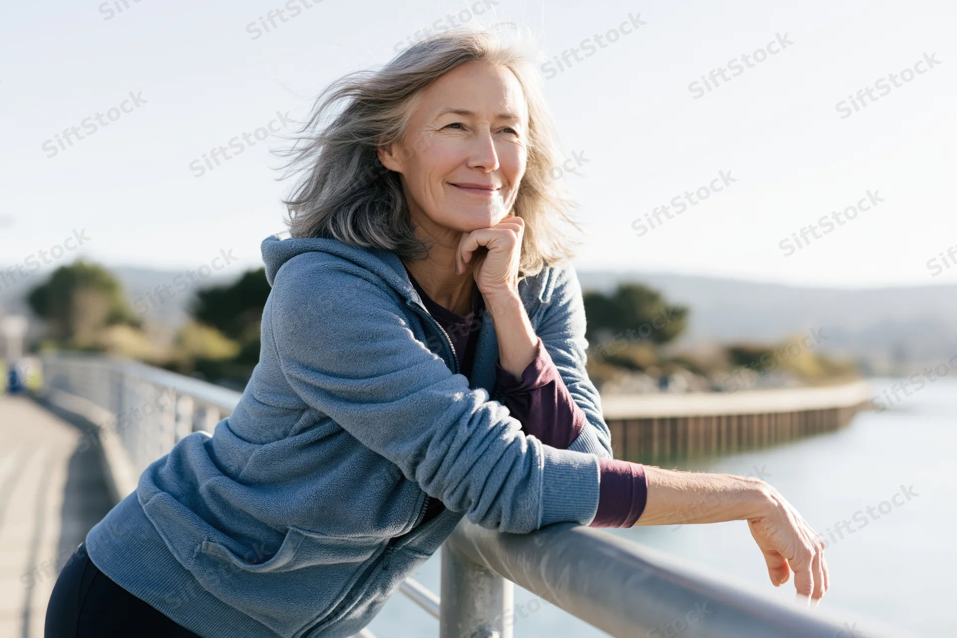Senior woman smiling while leaning on railing by waterfront on sunny day