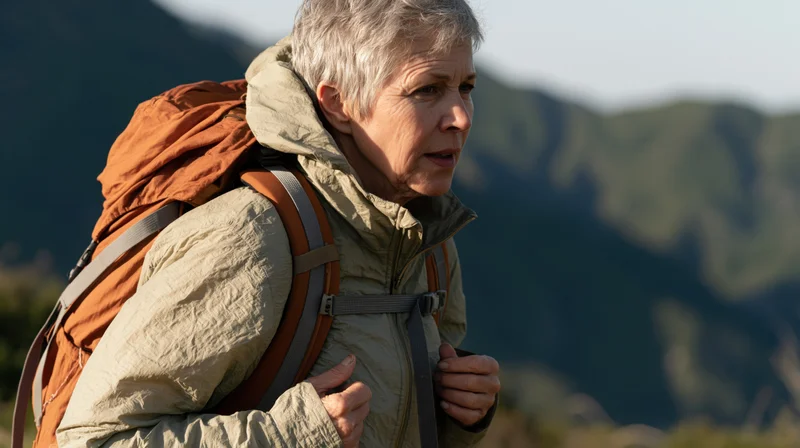 Senior woman hiking with backpack in mountainous terrain