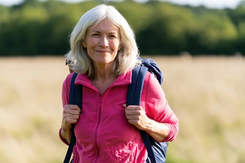 Senior woman hiking outdoors with backpack in a grassy field smiling