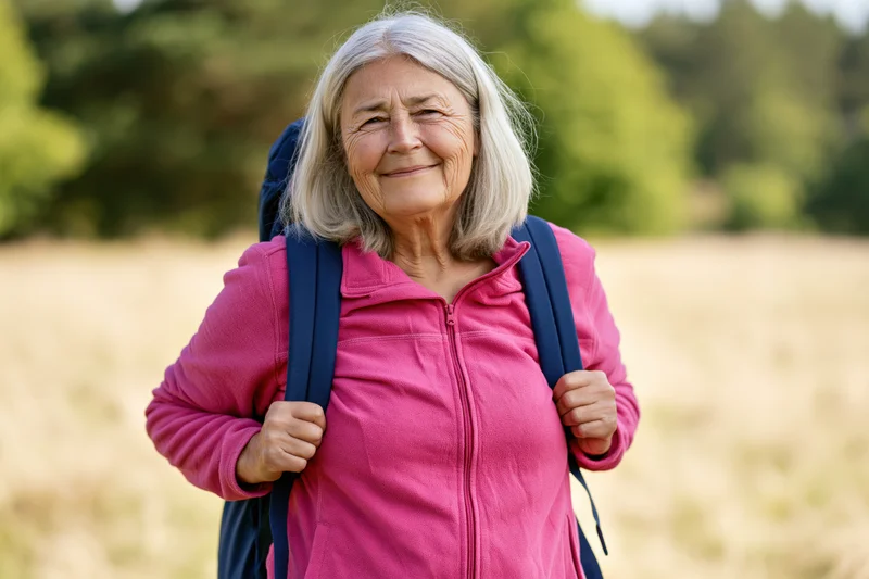Senior woman smiling while hiking outdoors with backpack in a grassy field