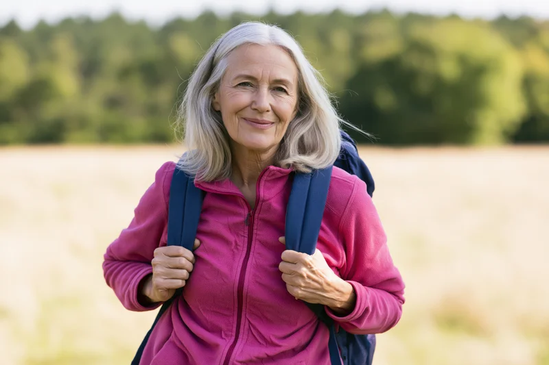 Senior woman smiling while hiking in a field with a backpack