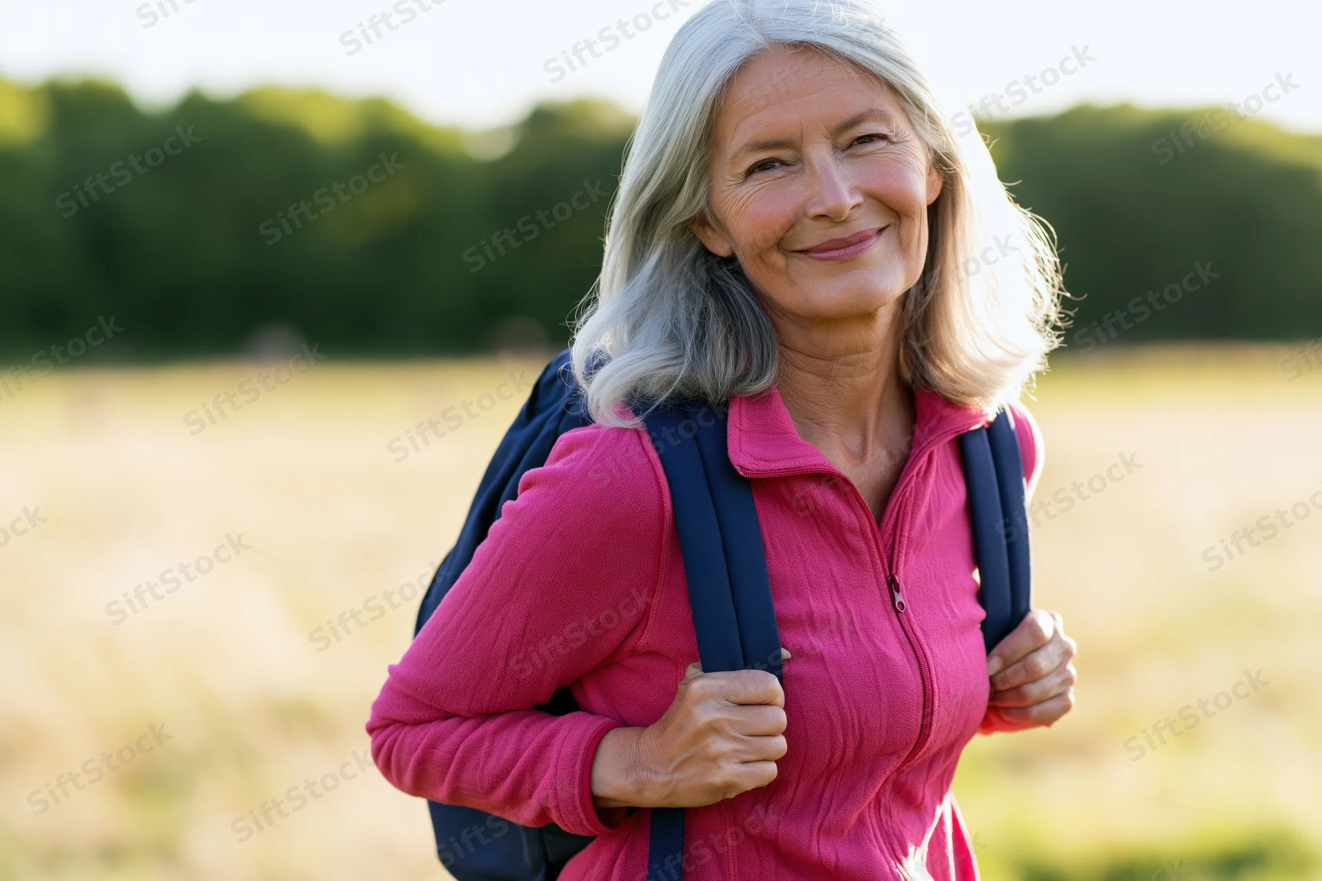 Senior woman smiling while hiking in a sunlit field with backpack