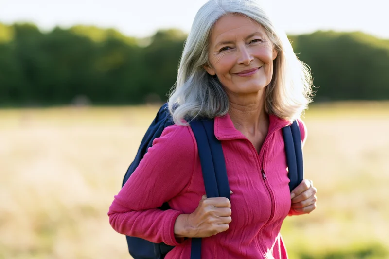 Senior woman smiling while hiking in a sunlit field with backpack