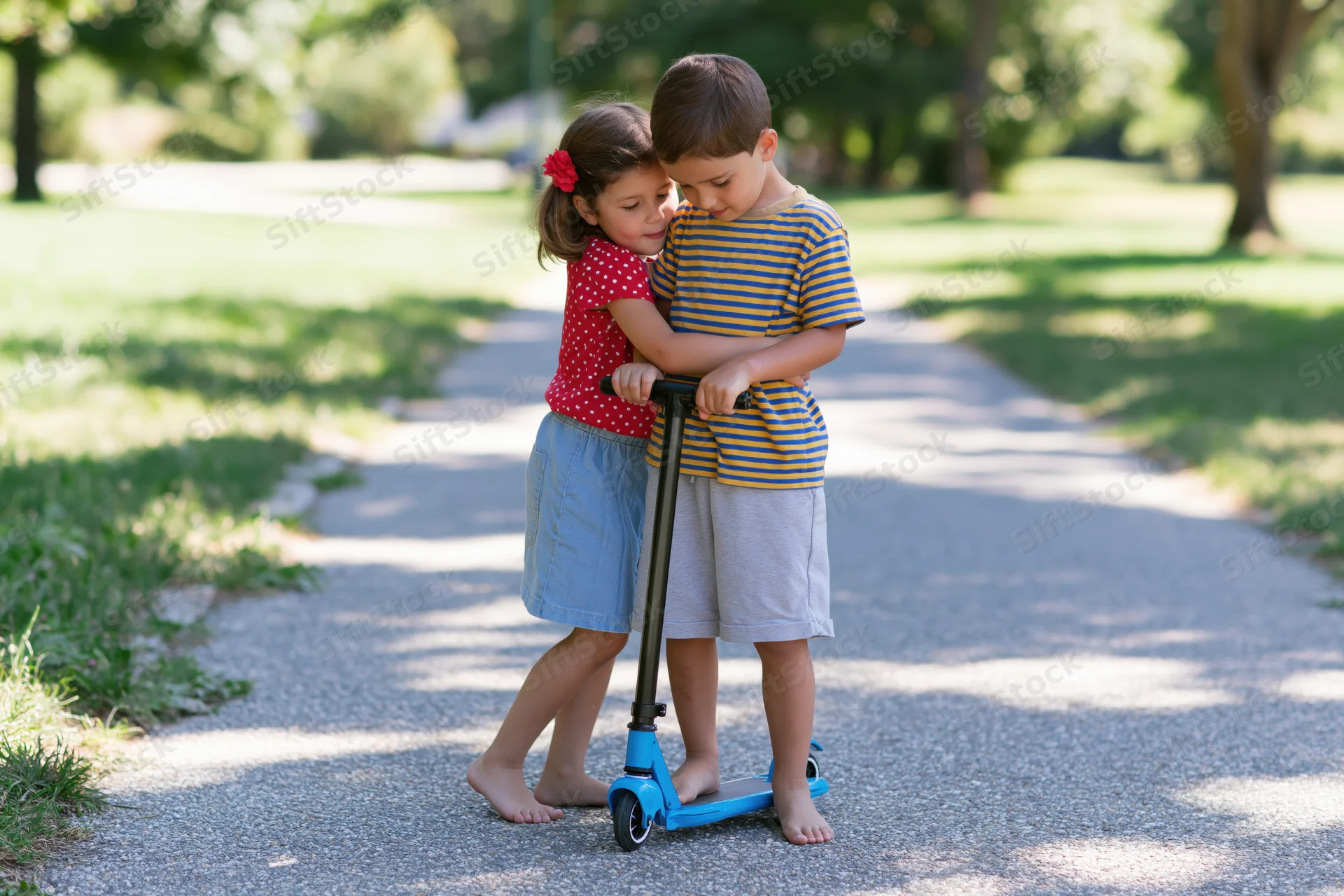 Two children hugging while sharing a scooter on a paved path in a sunlit park