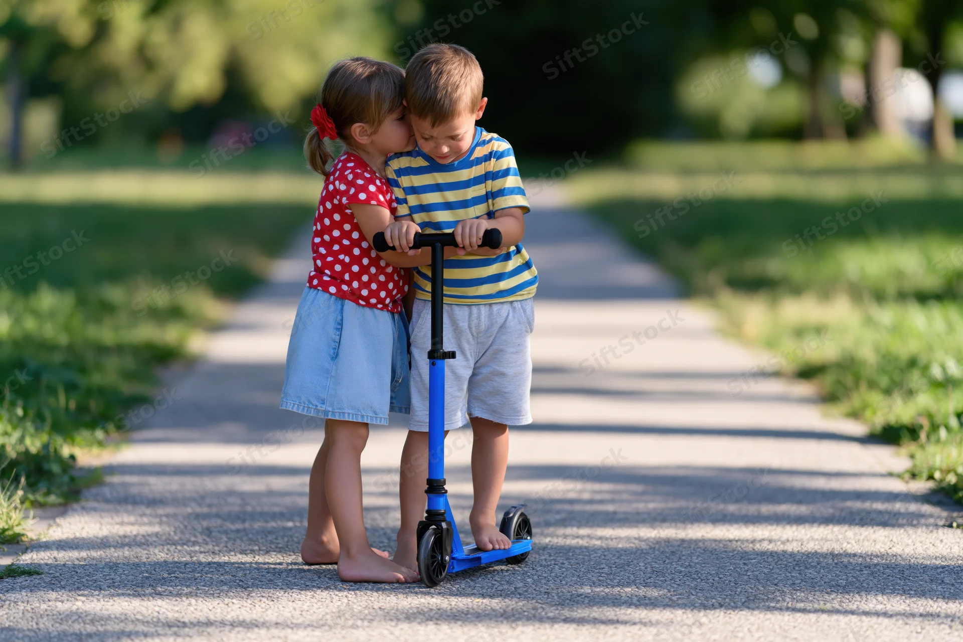 Two young children playing on a scooter in a park pathway on a sunny day