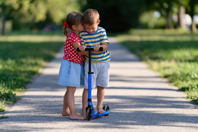 Two young children playing on a scooter in a park pathway on a sunny day
