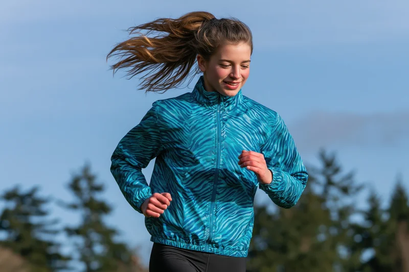 Young woman running outdoors in a teal patterned jacket with hair in motion against trees and sky