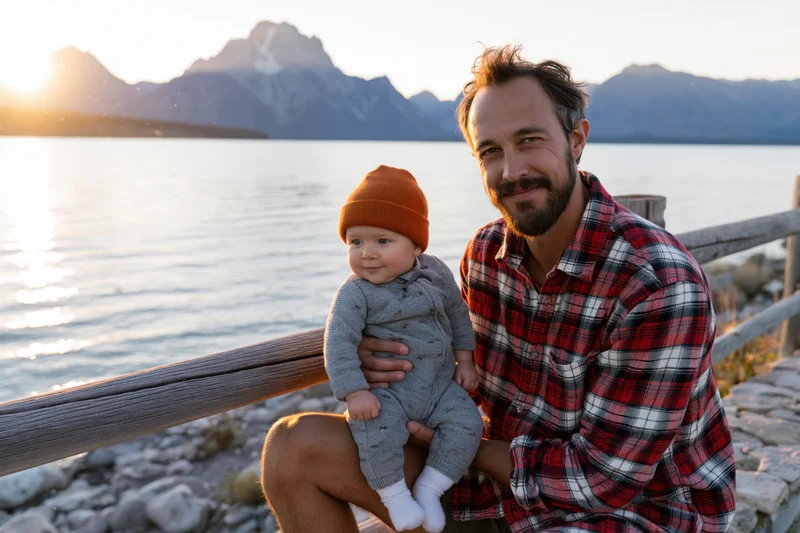 Man holding baby by a lake at sunset with mountains in the background