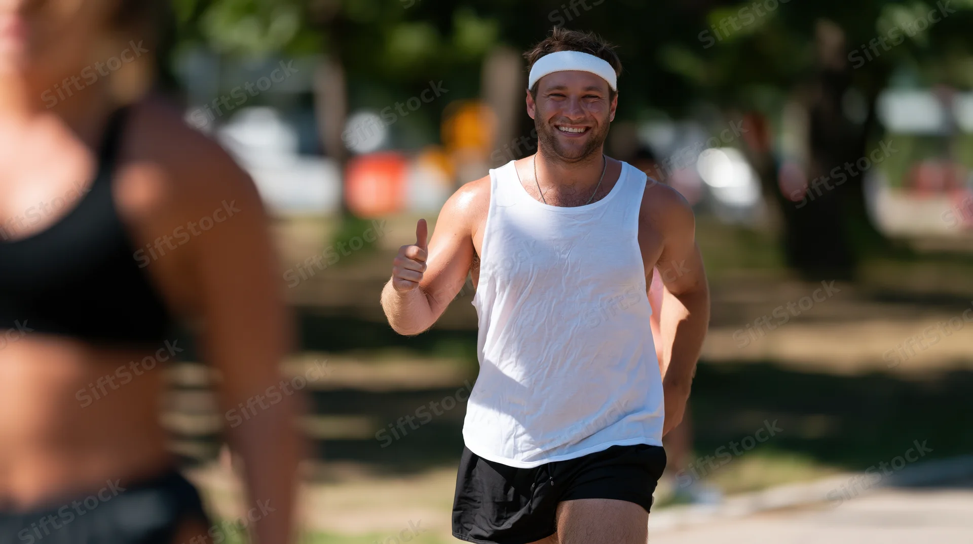 Man running in a park giving thumbs up while smiling