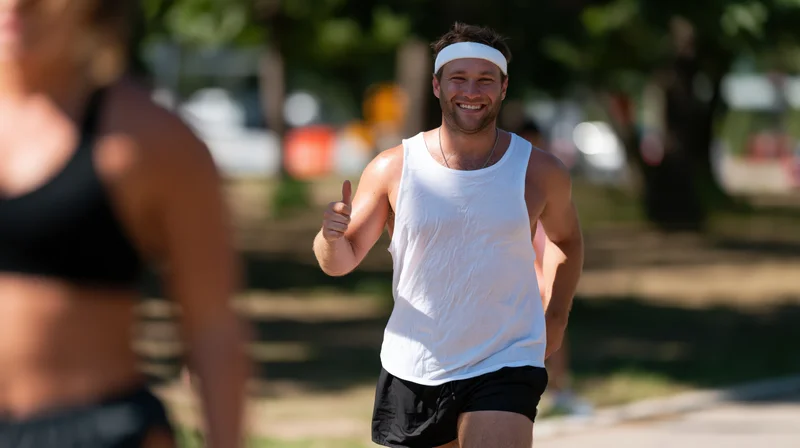 Man running in a park giving thumbs up while smiling