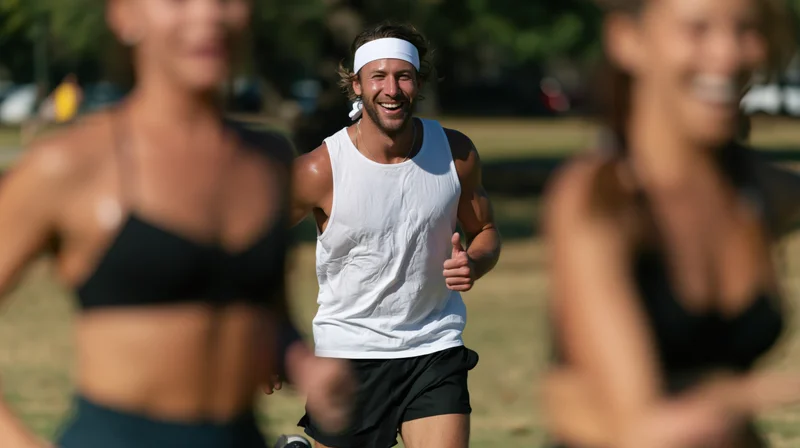 Man running in a park with women jogging alongside him, smiling and giving a thumbs-up