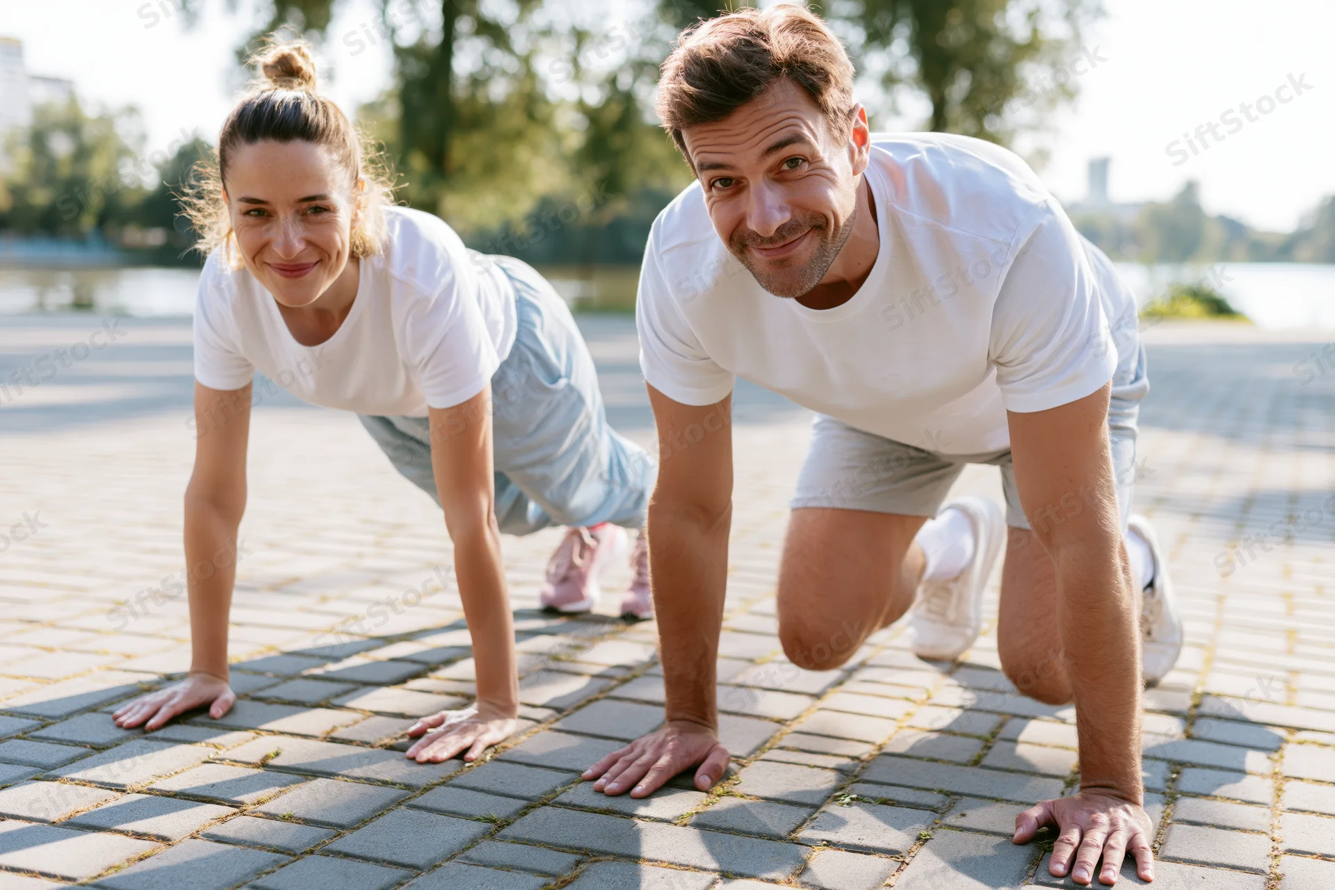 Man and woman doing push-ups on paved ground outdoors smiling at camera
