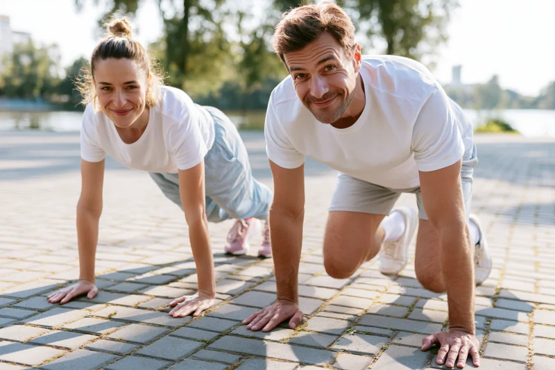 Man and woman doing push-ups on paved ground outdoors smiling at camera