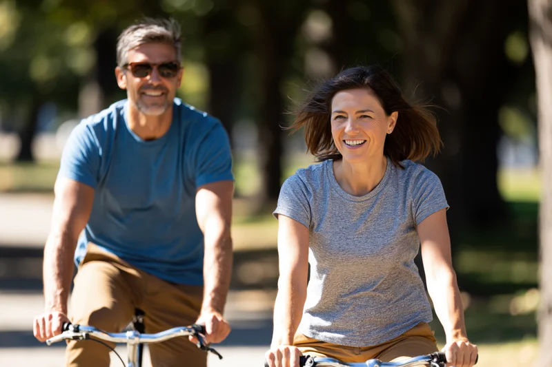 Couple cycling outdoors on a sunny day in a park