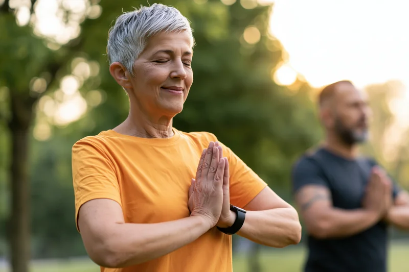 Senior woman in orange tshirt meditating with hands in prayer position in park during golden hour