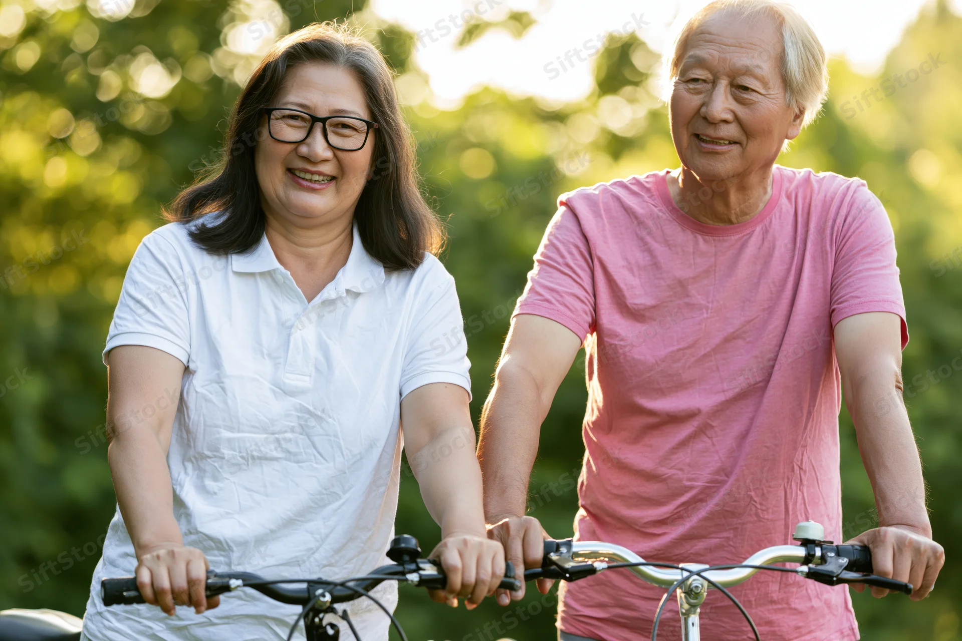 Senior asian couple smiling while cycling together in a sunlit park