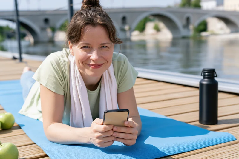 Woman lying on blue yoga mat by river holding smartphone with towel around neck