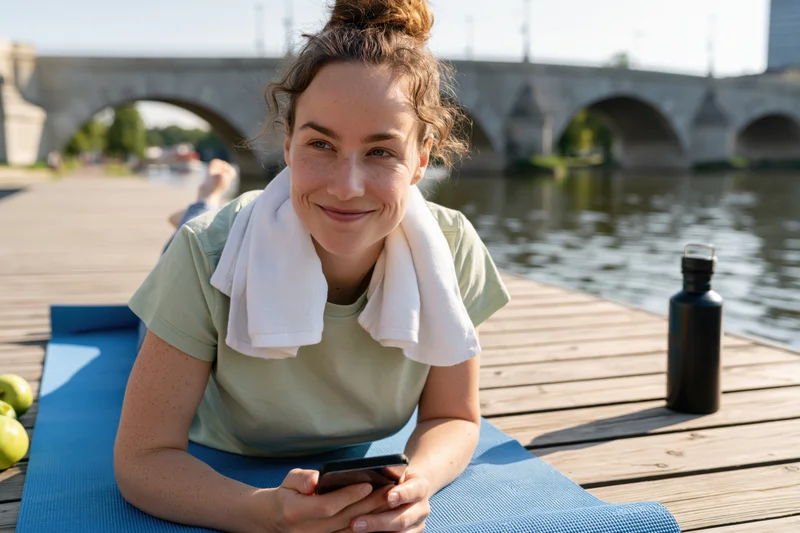 Woman lying on blue yoga mat by river dock smiling while holding phone