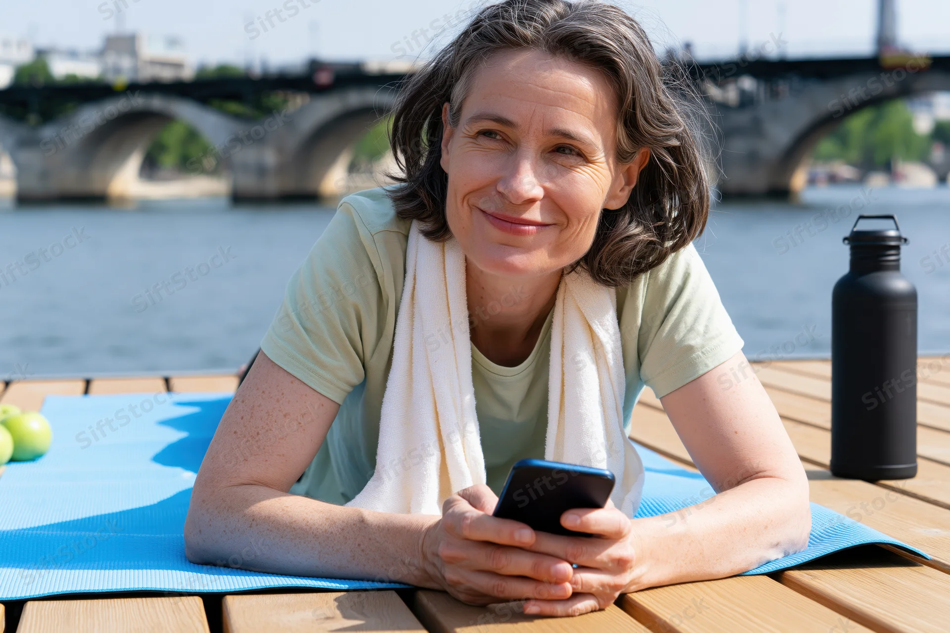 Woman lying on blue yoga mat on wooden deck by river, holding smartphone, towel around neck, water bottle nearby, bridge in background