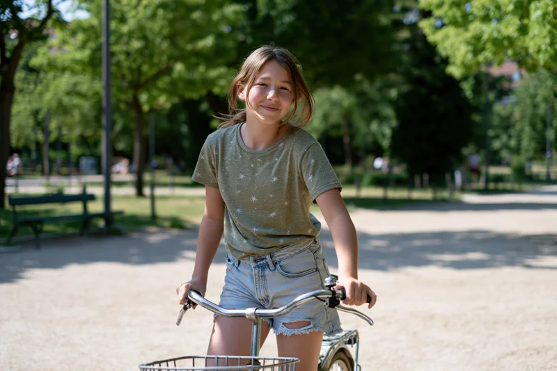 Young girl smiling while riding a bicycle in a sunlit park
