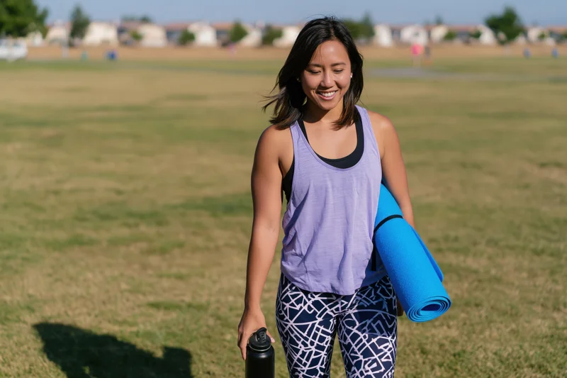 Woman walking outdoors with yoga mat and water bottle in a grassy park