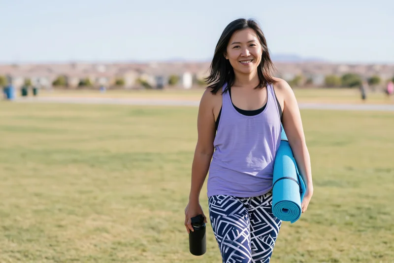 Woman walking outdoors with yoga mat and water bottle in a grassy park