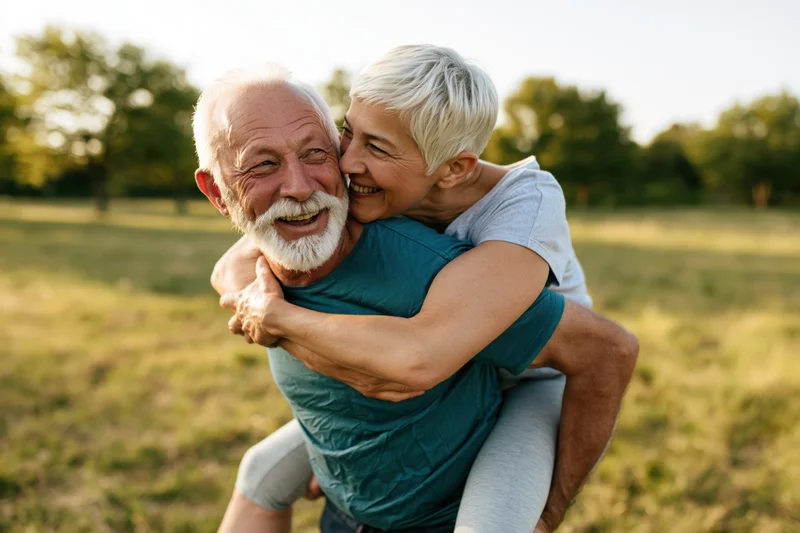 Senior couple sharing a piggyback hug in a sunlit grassy field