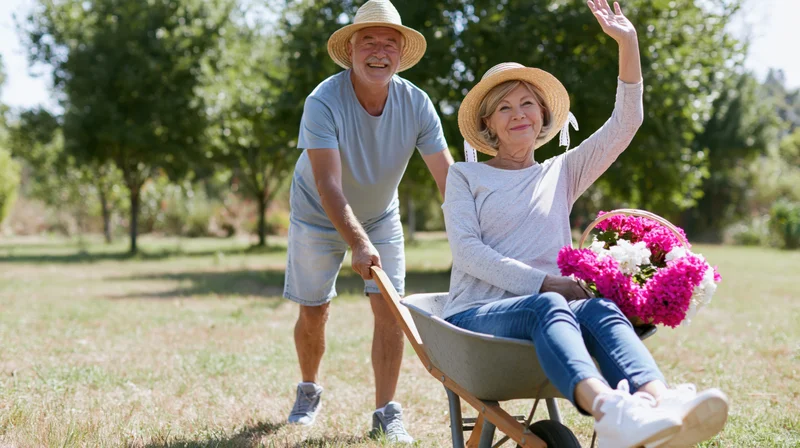 Senior couple enjoying garden time with woman in wheelbarrow waving and man pushing her along grassy path