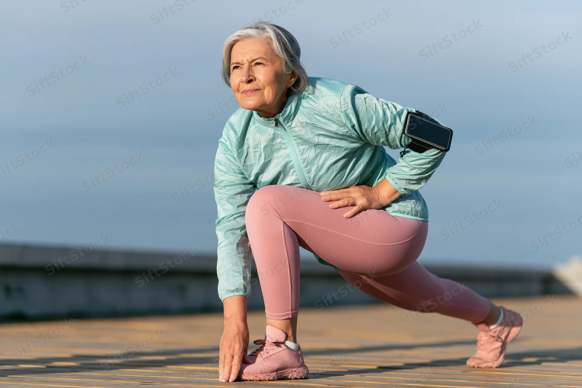 Senior woman stretching outdoors on a wooden deck during golden hour