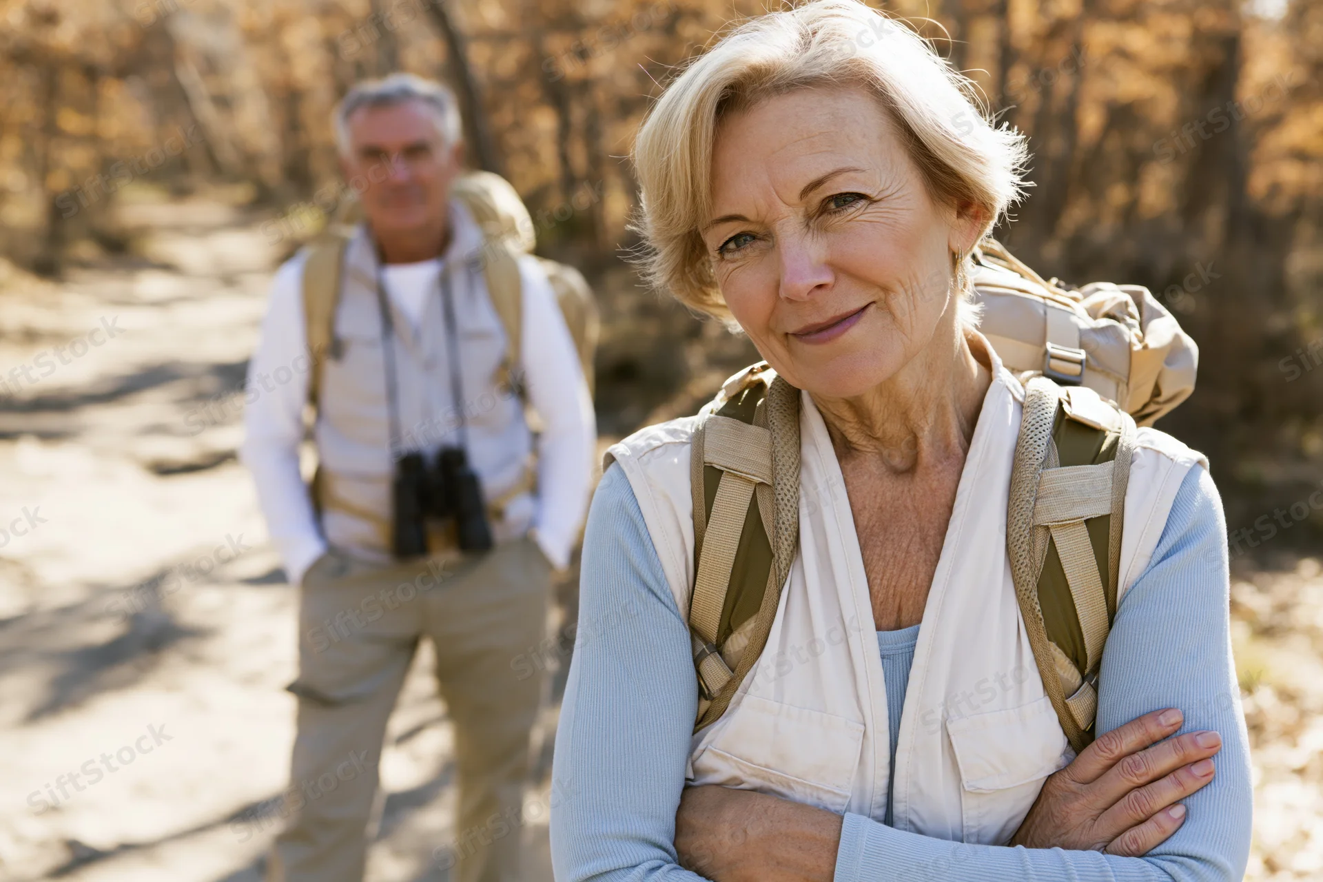 Senior woman smiling with arms crossed while hiking on a forest trail, man with binoculars behind her
