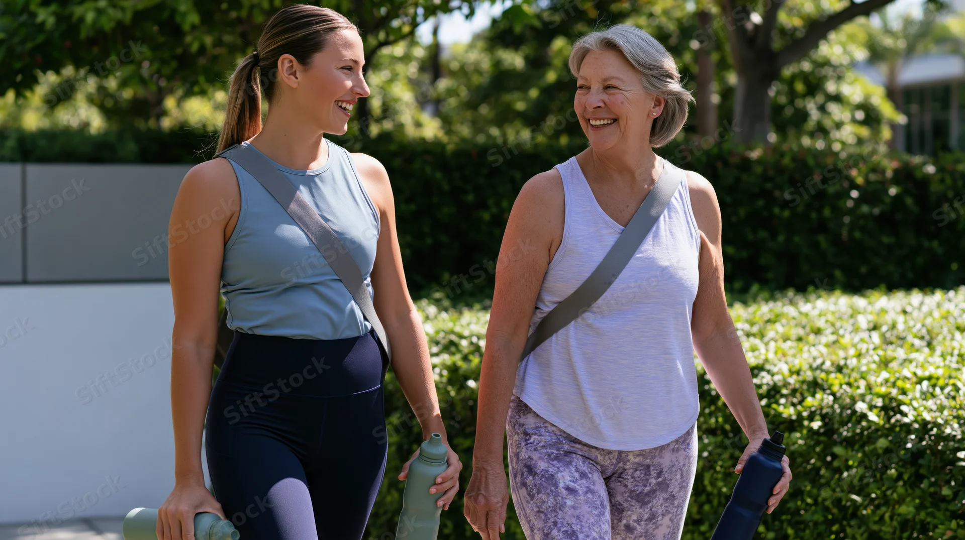 Two women walking and smiling in a sunlit park while holding water bottles
