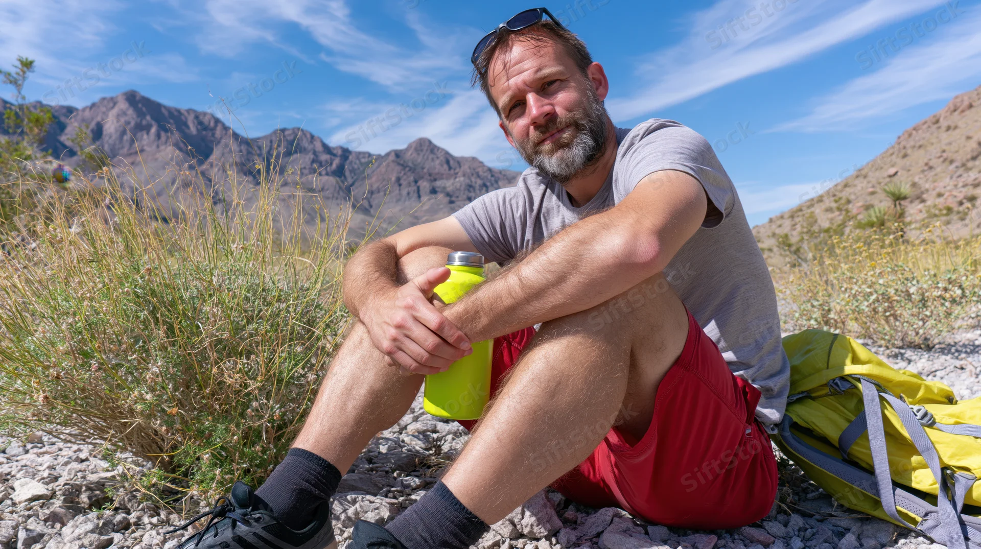 Man sitting on rocky ground holding water bottle with backpack beside him in desert landscape