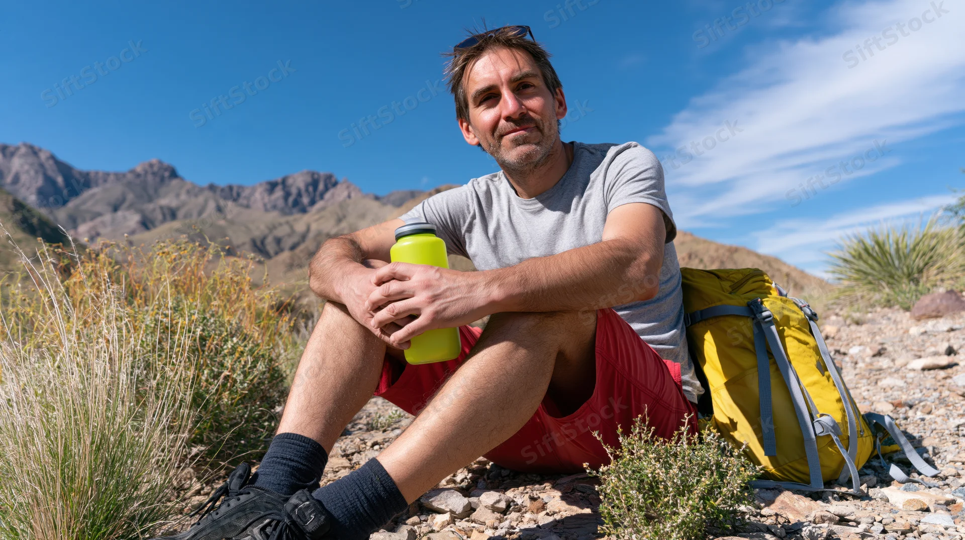 Man sitting on rocky ground holding water bottle with backpack beside him in mountainous desert landscape