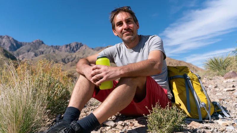 Man sitting on rocky ground holding water bottle with backpack beside him in mountainous desert landscape