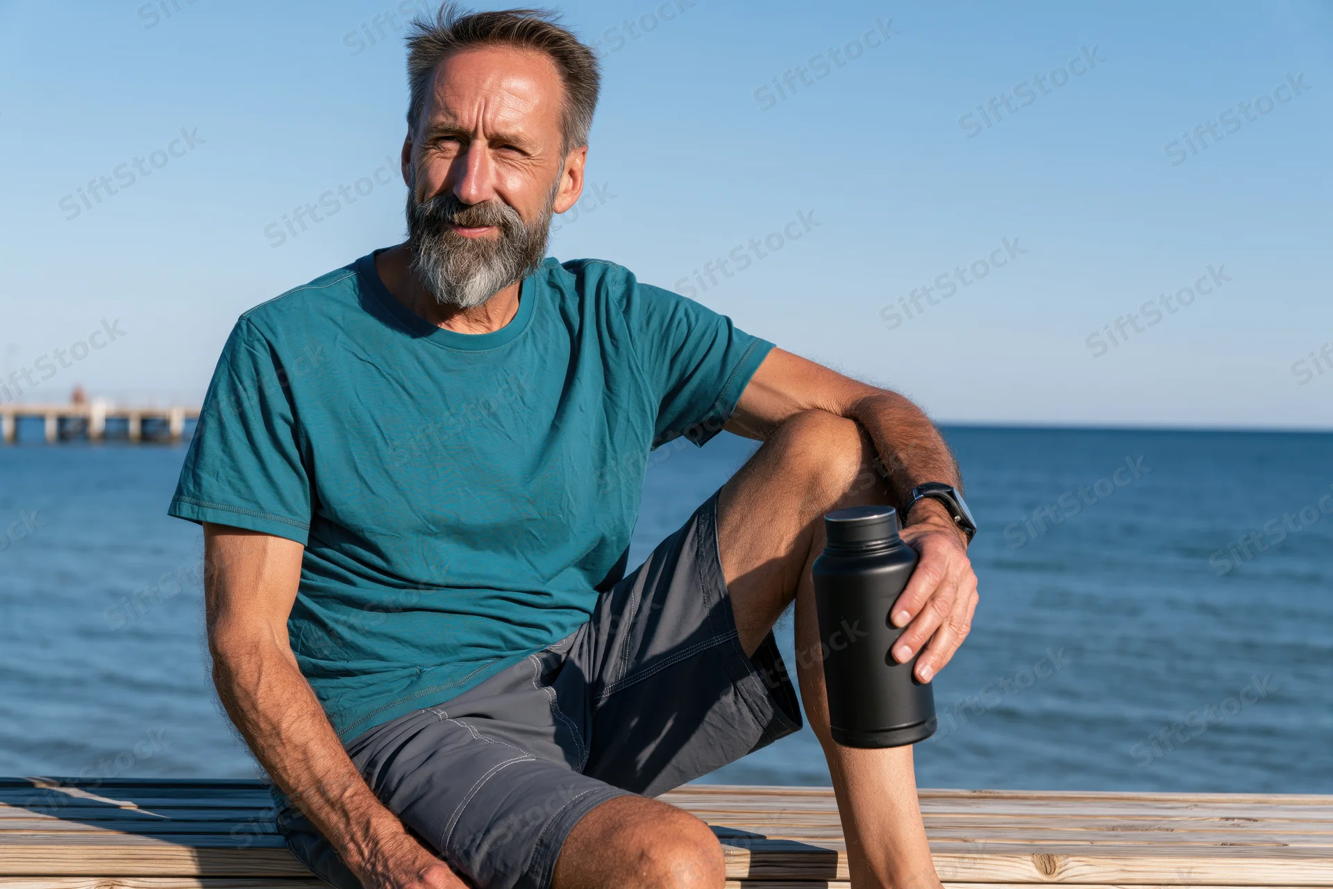 Senior man sitting on wooden bench by the ocean holding a thermos, smiling in sunlight