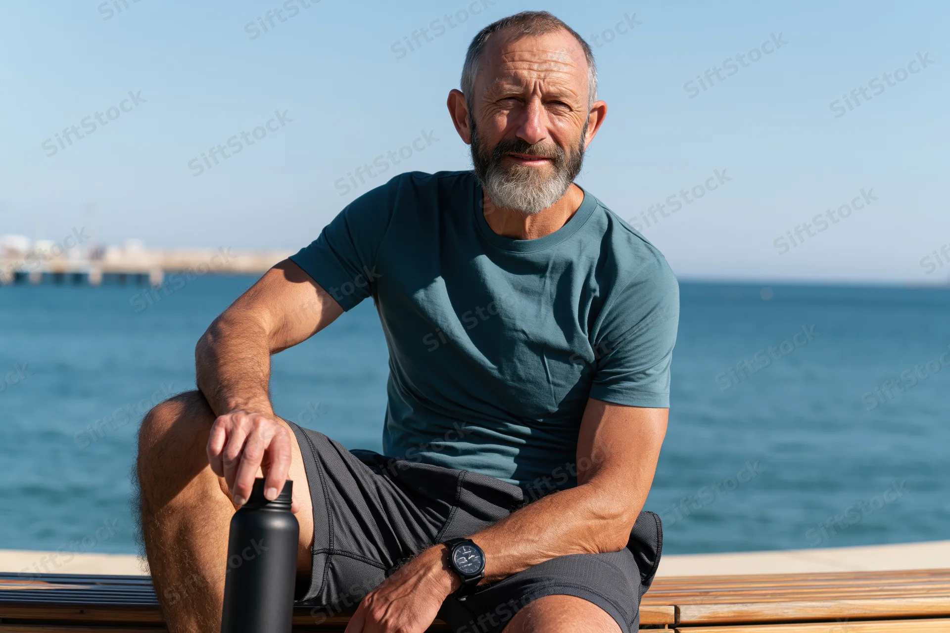 Senior man sitting on a bench by the ocean smiling with a water bottle in hand