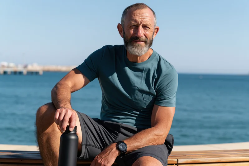 Senior man sitting on a bench by the ocean smiling with a water bottle in hand
