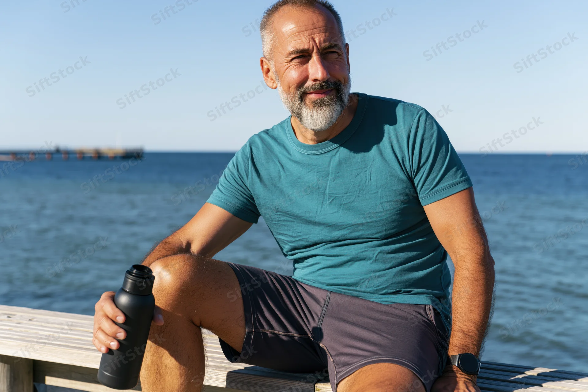 Senior man sitting on a wooden bench by the ocean holding a water bottle, smiling at the camera