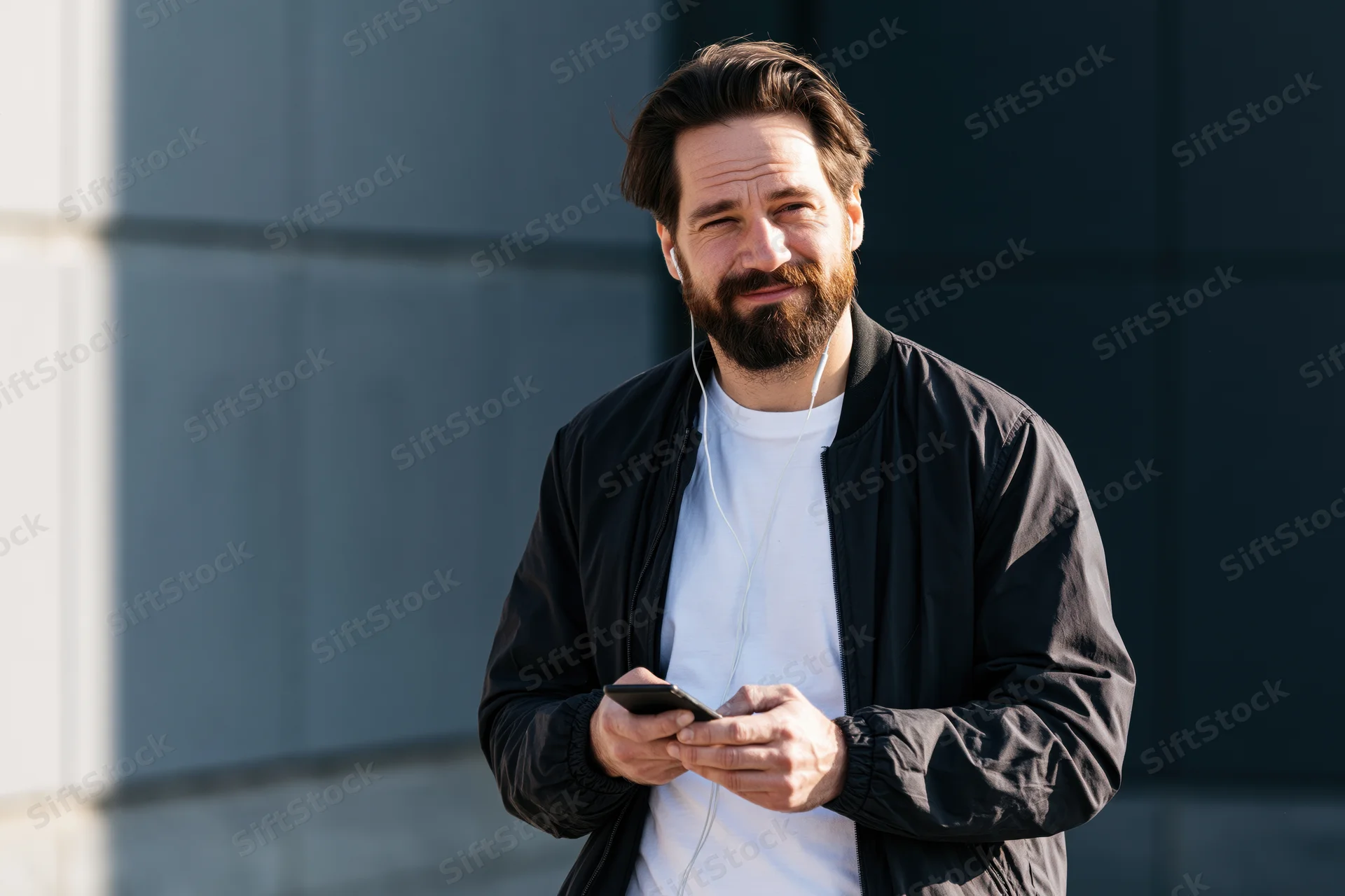 Bearded man smiling while using smartphone outdoors in modern urban setting