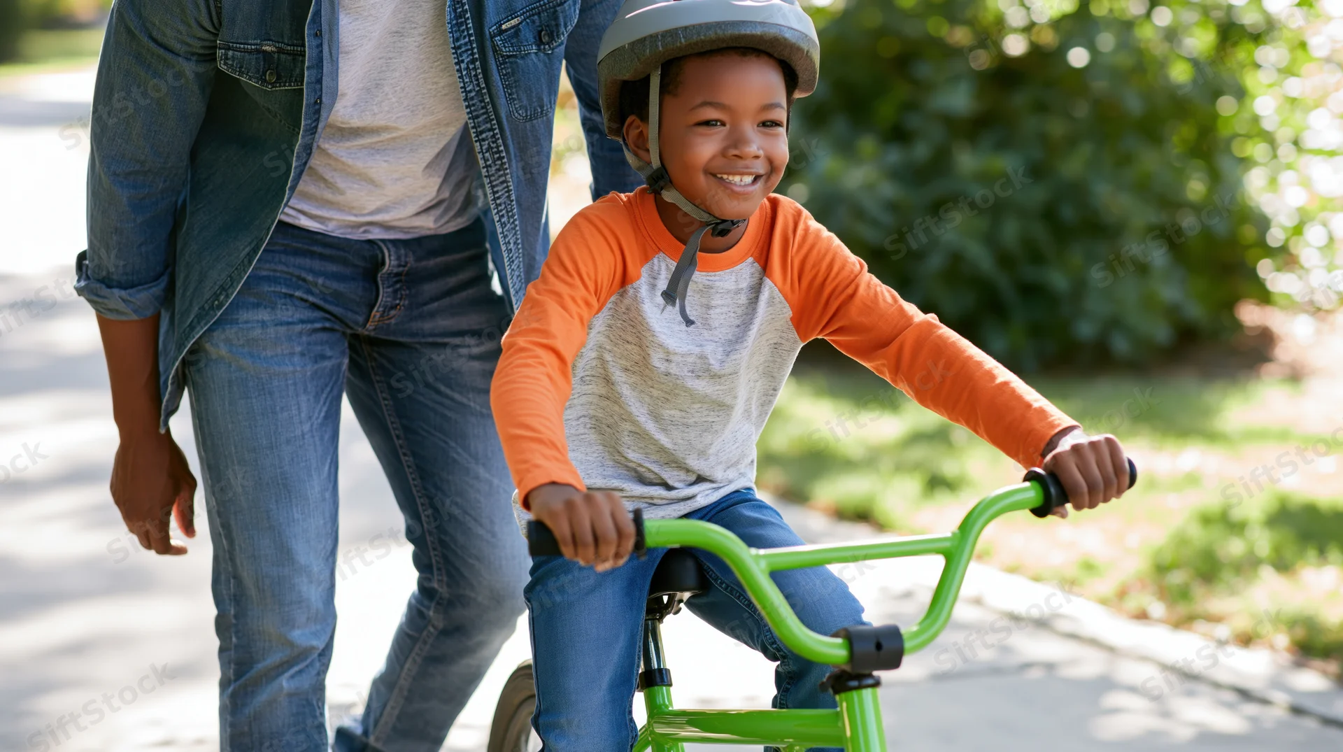 Young boy riding a green bicycle with father walking beside him on a sidewalk