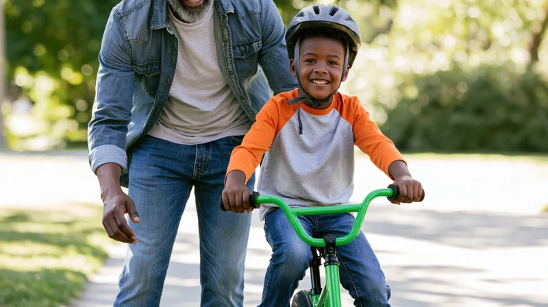 Young boy riding a green bicycle with his father guiding him on a paved path in a park