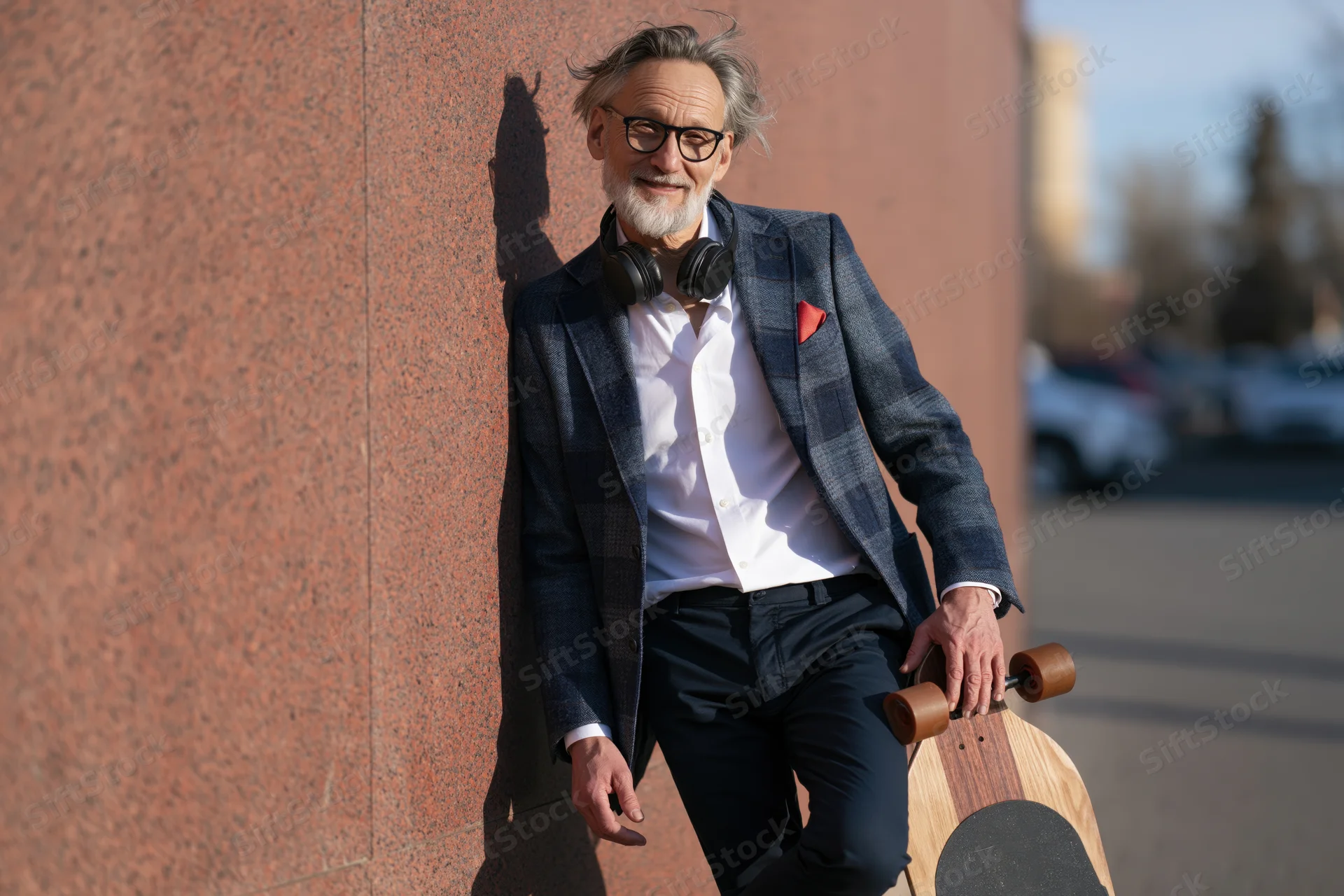 Senior man with glasses and beard leaning against a red textured wall outdoors, holding a wooden longboard skateboard, wearing a plaid blazer and white shirt