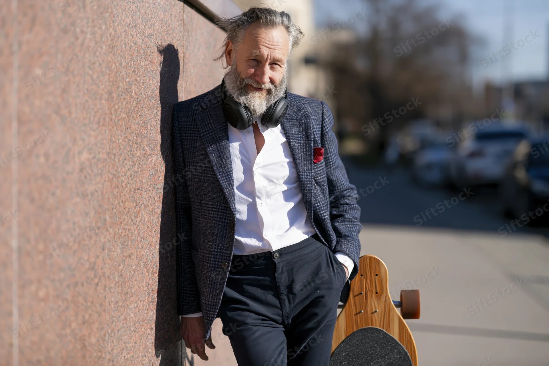 Senior man with beard leaning against granite wall outdoors holding skateboard, wearing blazer and headphones, smiling in city street