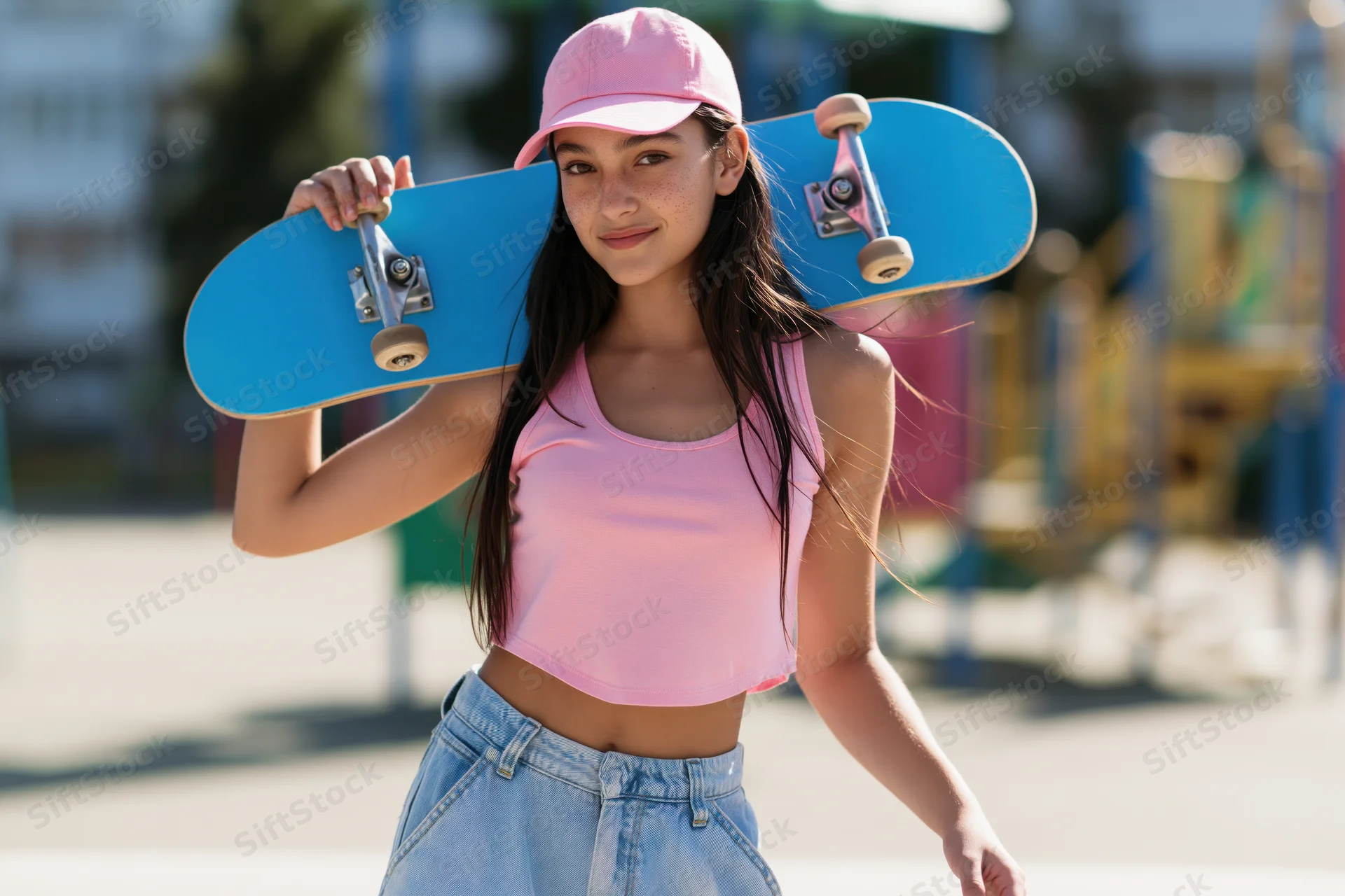 Young woman holding blue skateboard over shoulder outdoors in casual summer outfit
