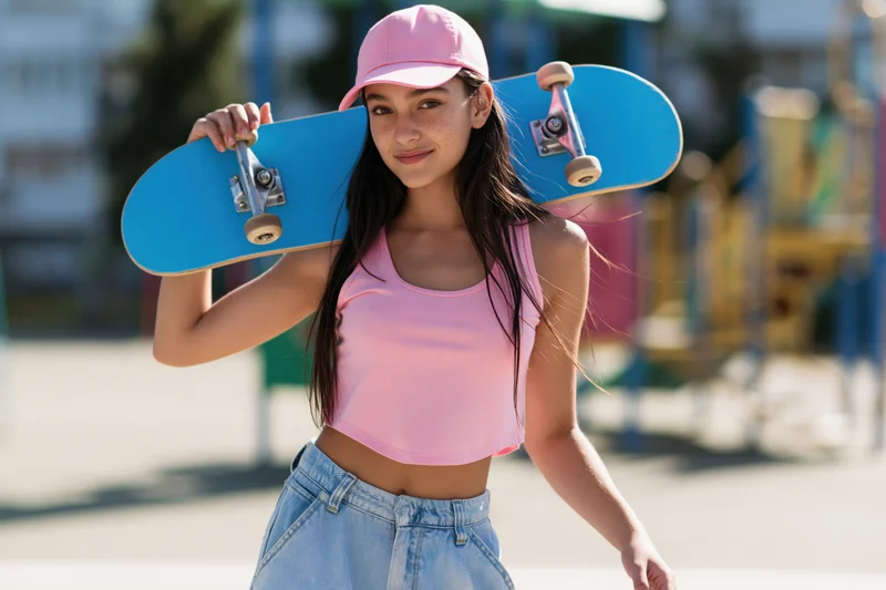 Young woman holding blue skateboard over shoulder outdoors in casual summer outfit