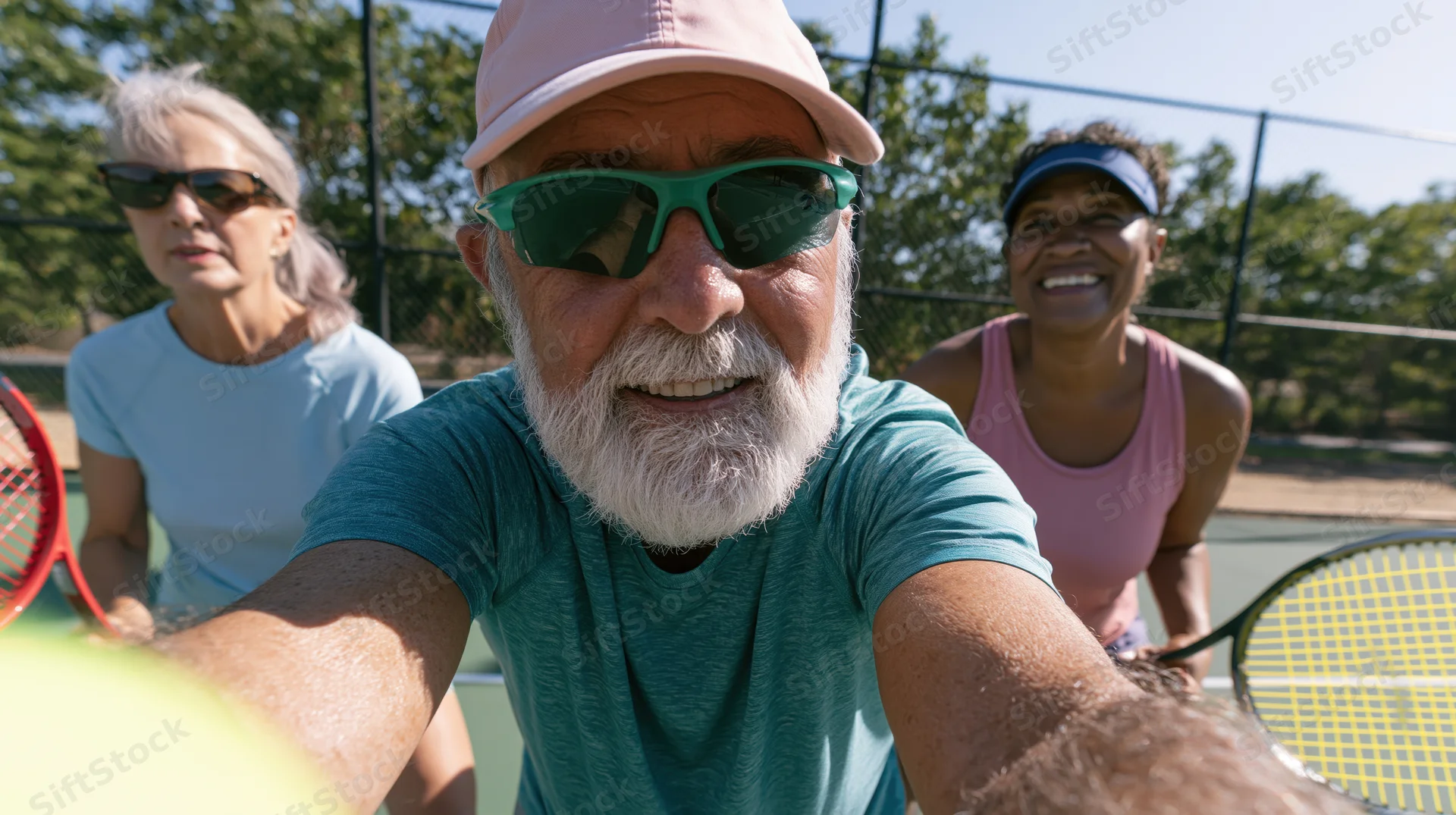 Senior man with sunglasses and cap smiling while playing tennis outdoors with two women on a sunlit court