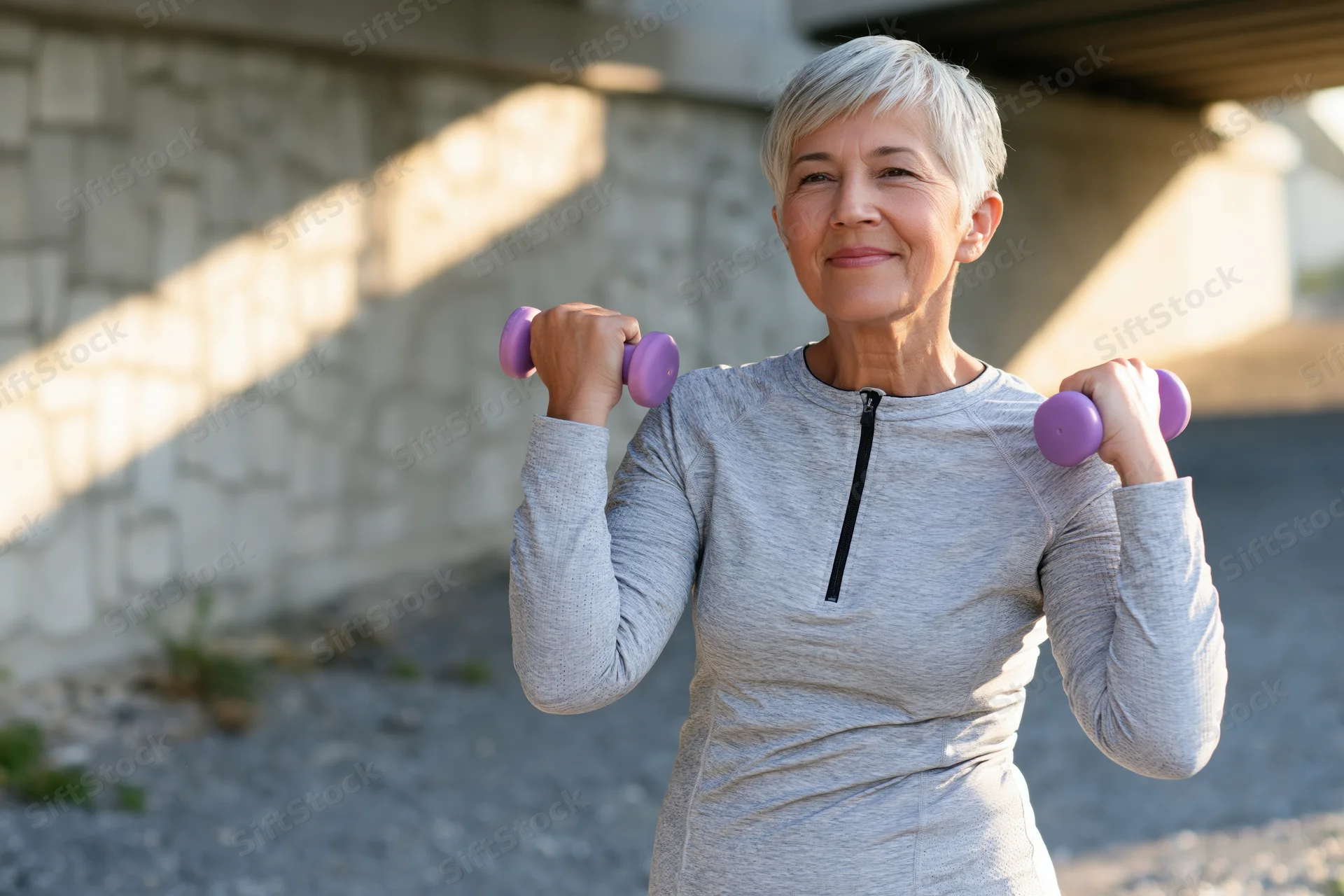Senior woman lifting purple dumbbells outdoors near a stone wall