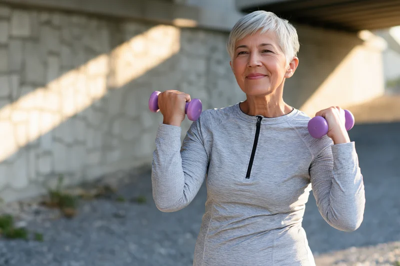 Senior woman lifting purple dumbbells outdoors near a stone wall